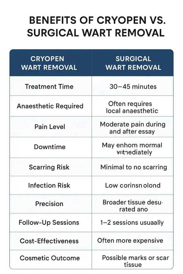 Table showing the benefits of cryopen to remove warts Surbiton compared to surgical treatment