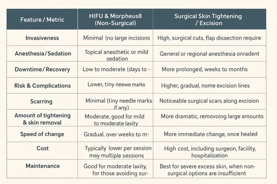 Table showing benefits of Lipo Freeze 2 U Surbiton treatments for skin tightening following weight loss injections.